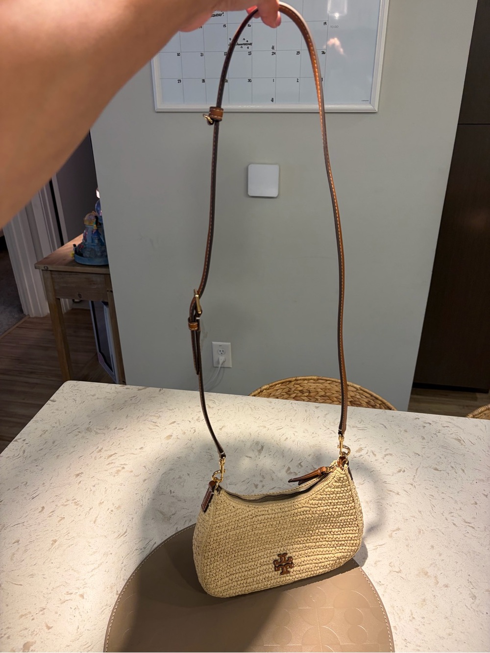 Tory Burch Natural Straw Crossbody with Brown Leather Strap